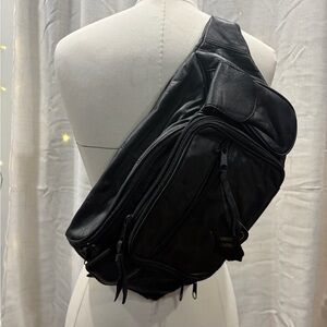 Large Vintage Black Leather Sling Bag